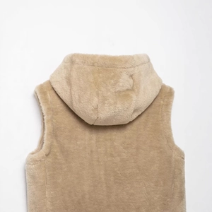 Back view of beige faux fur hooded vest with soft texture and minimalist design