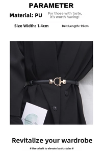 Detail of 1.4cm slim black PU leather belt with round gold buckle on a dress