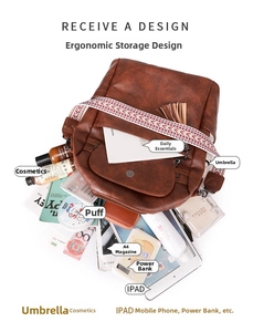 Detail view of large capacity vintage brown backpack with ethnic embroidered strap and items