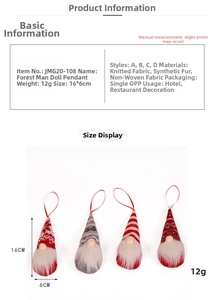 Detail showing knitted Christmas gnome ornaments with size dimensions and plush materials