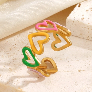 Colorful enamel heart ring in gold finish with an adjustable open band design