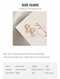 Detail view of gold titanium hoop earrings with 5mm white pearls and weight specs