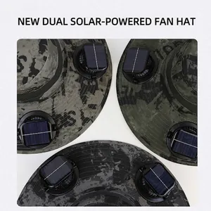 Solar powered camo fishing hat with dual fans for outdoor hiking and sun protection