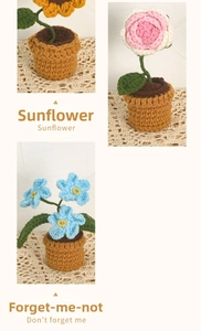 Detail of handmade crochet sunflower and rose potted plants with knitted blue forget-me-nots