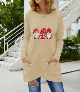 Detail of khaki Christmas gnome long sleeve t-shirt with side pockets and round neck