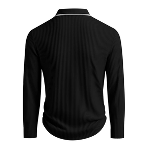 Detail of black ribbed knit long sleeve polo shirt showing the collar and white stripe trim