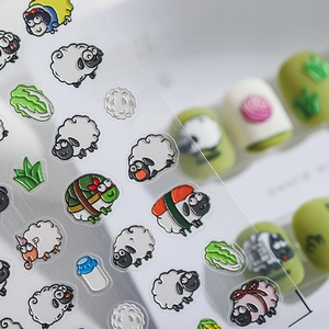 3D embossed nail stickers featuring cute cartoon white sheep and green vegetable patterns