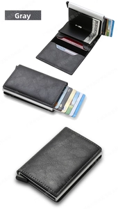 Detailed view of the gray leather RFID pop-up card holder with multiple interior slots