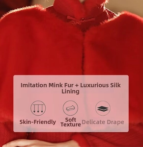 Detail of red faux mink fur shawl featuring traditional Chinese mandarin collar and knots
