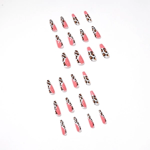 Faux ongles long cercueil rose avec motif léopard et vagues finition brillante 24pcs