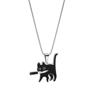 Quirky knife-wielding black cat pendant necklace in stainless steel with enamel finish