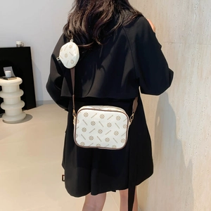 Minimalist white and brown camera crossbody bag set with small round coin purse for women