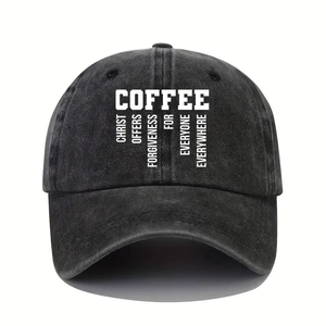 Charcoal grey washed denim baseball cap featuring bold white COFFEE print on front