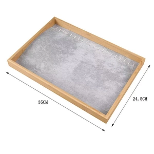 Bamboo jewelry display tray dimensions 35cm by 24.5cm with gray velvet lining and hooks