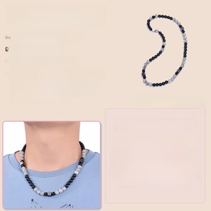 Size detail of 8mm map stone beaded necklace with dimensions and material specs