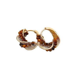 Vintage gold hoop earrings with woven texture and brown tiger eye stone beads