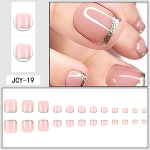 Pink jelly finish press-on toenails with silver glitter french tips 24 pieces set