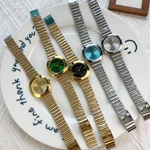 Set of six women's quartz watches with gold and silver steel bands in multiple dial colors