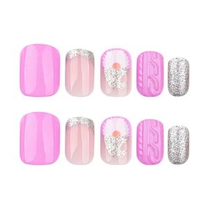 Silver glitter and pink press-on nails set with 3D knit texture and festive wavy patterns