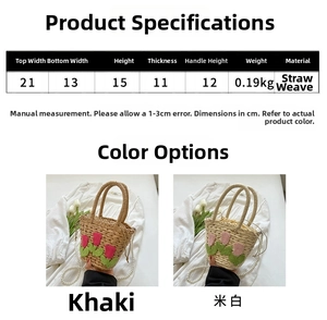 Größentabelle für Stroh-Eimertasche mit Maßen und Tulpenstickerei-Details