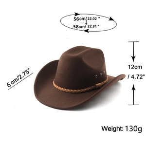 Detailed size chart of dark brown wool felt cowboy hat with breathable eyelets
