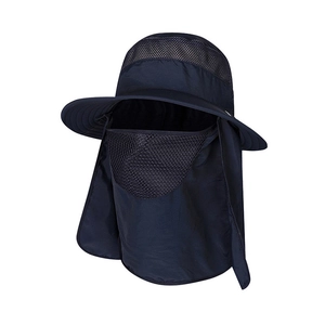 Dark blue wide brim sun hat with breathable mesh and full face neck protection cover