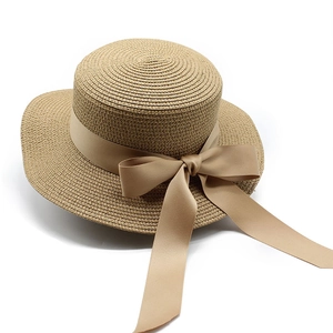 Cappello Di Paglia Boater Da Donna Cappello Da Sole Piatto Elegante Stile Francese Con Grande Fiocco In Nastro Di Raso