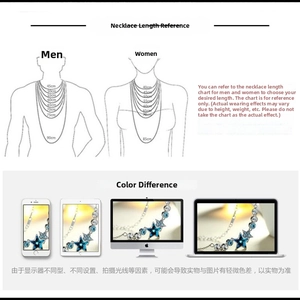 Size chart showing necklace length reference from 40cm to 90cm for men and women