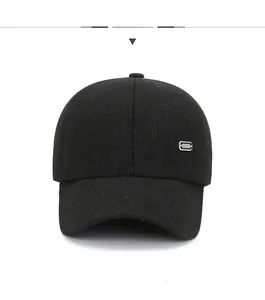Front detail of men's winter baseball cap with ear flaps and silver metal buckle