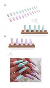 Long gradient press-on nails in lavender and mint green with crystal rhinestones