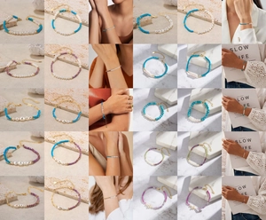 Detailed grid of s925 silver beaded bracelets with pearls, turquoise, and amethyst gems