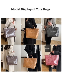 Collage of colorful tote bags showing grey, brown, black and pink minimalist waterproof styles