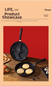 Detailed view of four-hole non-stick pan with heart and circle shapes for fried eggs