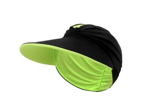 Detail of a black and green sun visor hat showing elastic fabric texture for outdoor sports