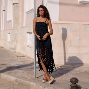 French hollow polka dot midi dress with black tassels and elegant high waist silhouette