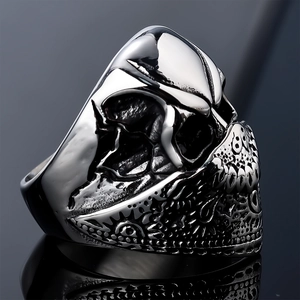 Vintage punk style men's stainless steel skull ring with detailed silver relief texture