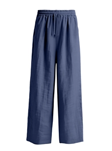 Detailed view of dark blue cotton linen trousers with adjustable drawstring and elastic waist