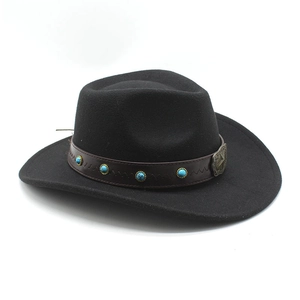 Chapeau de cowboy en laine noire classique avec bande en cuir marron et perles turquoise