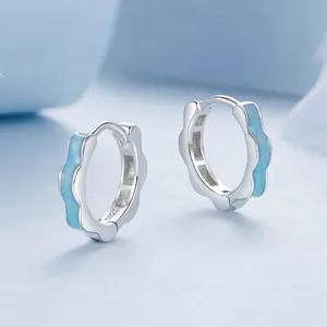 Elegant S925 sterling silver hoop earrings with light blue enamel and scalloped edges
