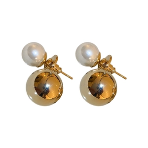 Elegant gold-plated silver needle earrings with double-sided pearls and spheres