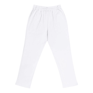 Detailed view of elastic waistband and drawstring on white cotton linen beach trousers
