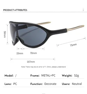 Detailed size specifications for outdoor cycling sunglasses with metal temples