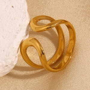 Modern 18K gold plated stainless steel double layer wave open ring on stone