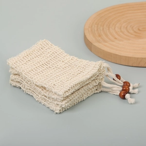 Multi-pack of beige cotton linen foaming soap bags with drawstring and wooden beads
