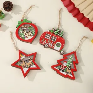 Set of four red wooden Christmas ornaments with LED lights and holiday scene engravings