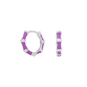 Detailed macro view of S925 sterling silver bamboo hoop earrings with purple enamel