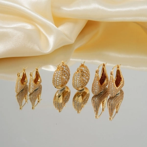 Vintage Copper Zirconia Stud Earrings For Women Geometric U-shaped Micro-inlaid Gold Earring Fashion Jewelry Gift