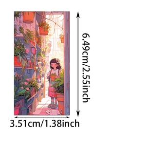 Detailed size view of cartoon girl and cat flower shop sticker, 6.49cm by 3.51cm dimensions