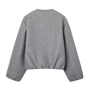 Back view of a grey bomber jacket with ribbed hem and high-quality knit texture