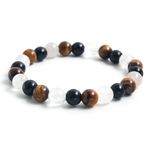 Moonstone and Tiger Eye natural stone beaded bracelet with glossy black and white round beads